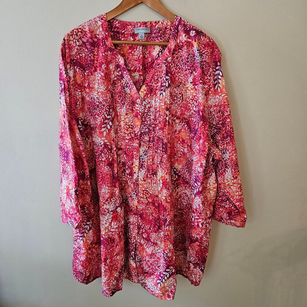 Catherines Women's Button Down Top 3X Popover Cotton Floral 3/4 Sleeve Tunic